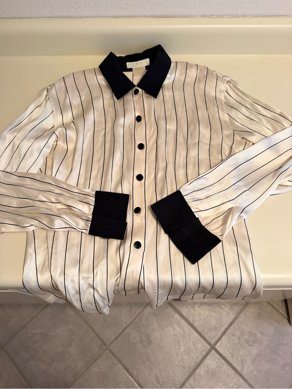 Escada White Pinstripe Button-Down Blouse with Black Trim